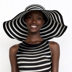 Wide-Brim Sun Hat in Solid Black and mesh. NOTE this not stripes in b&w